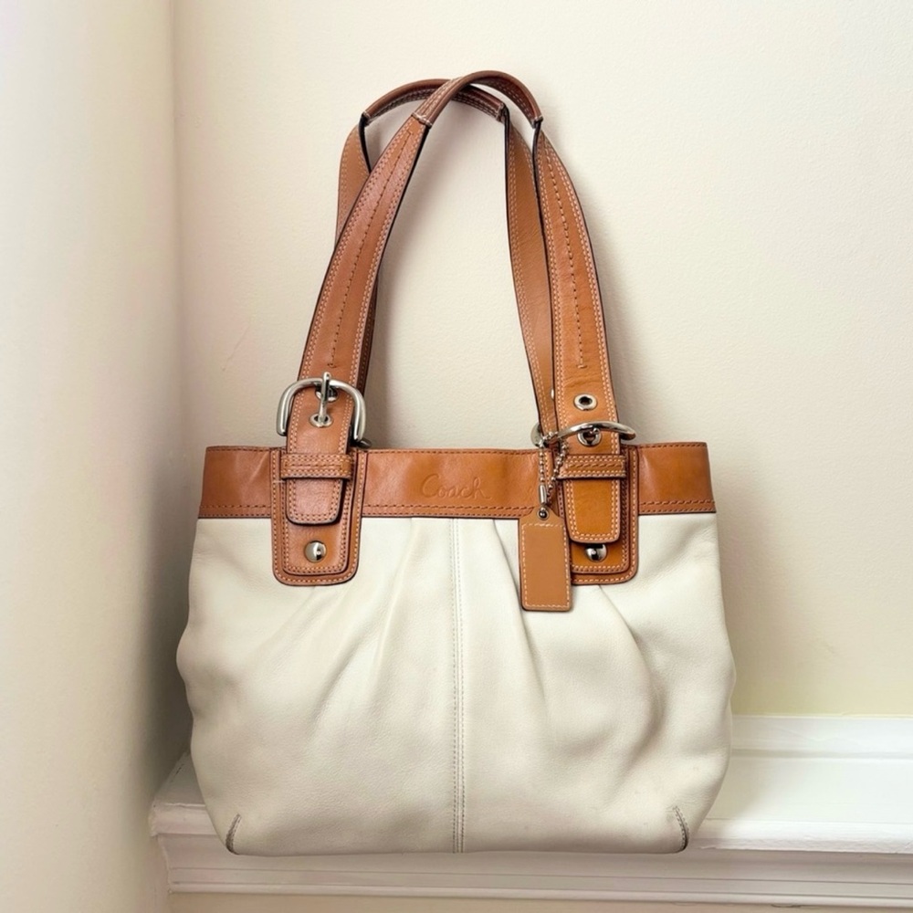 Coach Off-White and Tan Leather Double Strap Satchel Bag